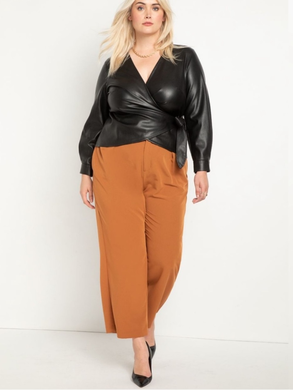 Eloquii Staple Street Style Black Faux Leather Wrap Top with Side Tie Size 16 - Picture 3 of 8